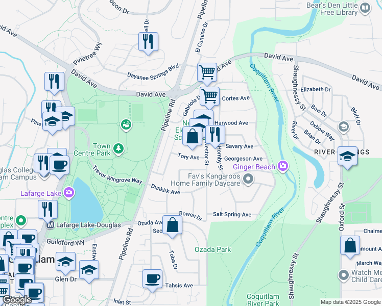 map of restaurants, bars, coffee shops, grocery stores, and more near 3169 Tory Avenue in Coquitlam