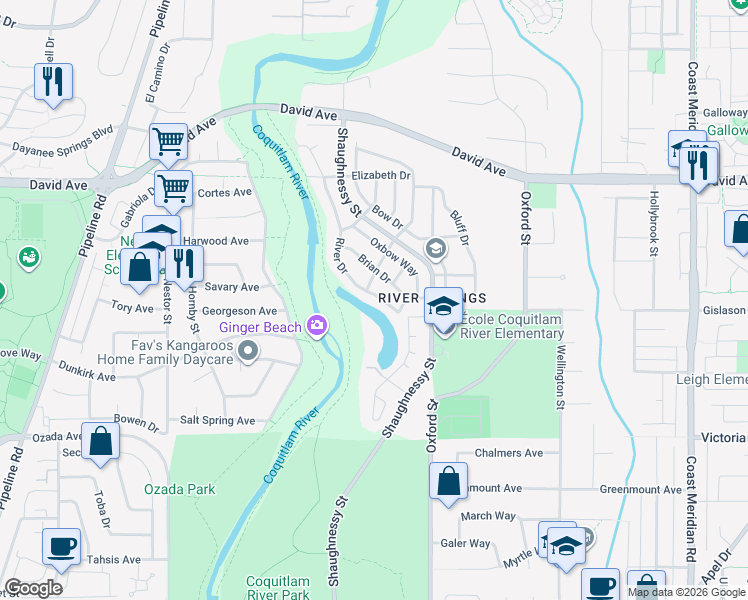 map of restaurants, bars, coffee shops, grocery stores, and more near 1237 River Drive in Coquitlam