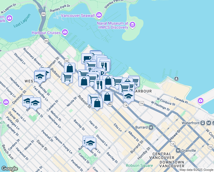 map of restaurants, bars, coffee shops, grocery stores, and more near 1466 West Hastings Street in Vancouver