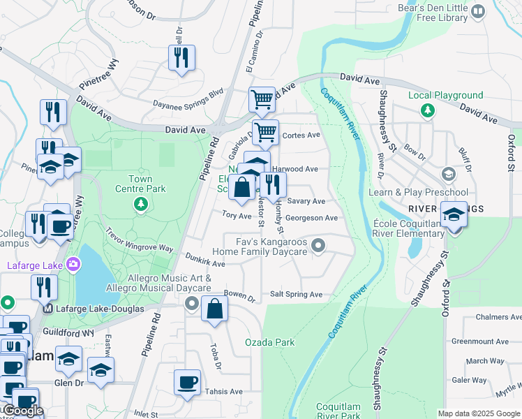 map of restaurants, bars, coffee shops, grocery stores, and more near Nestor Street in Coquitlam