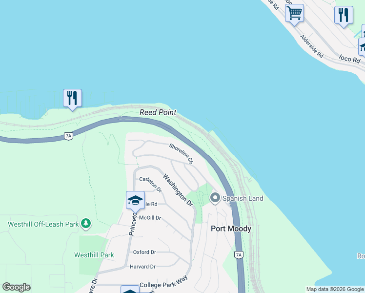 map of restaurants, bars, coffee shops, grocery stores, and more near 126 Shoreline Circle in Port Moody