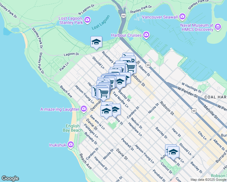 map of restaurants, bars, coffee shops, grocery stores, and more near in Vancouver