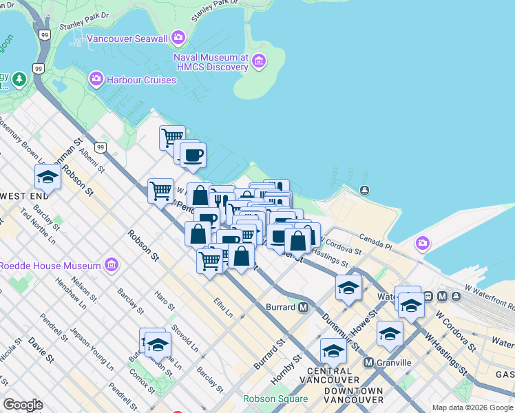 map of restaurants, bars, coffee shops, grocery stores, and more near 1295 West Cordova Street in Vancouver