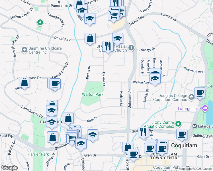 map of restaurants, bars, coffee shops, grocery stores, and more near 1279 Erskine Street in Coquitlam