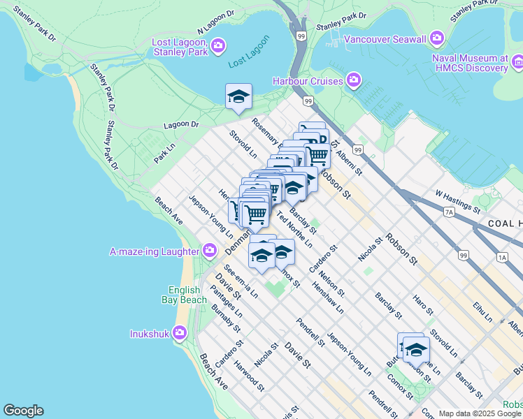 map of restaurants, bars, coffee shops, grocery stores, and more near 1805 Nelson Street in Vancouver