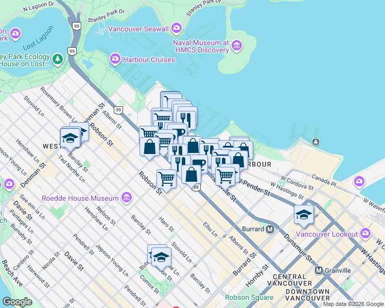 map of restaurants, bars, coffee shops, grocery stores, and more near 588 Broughton Street in Vancouver