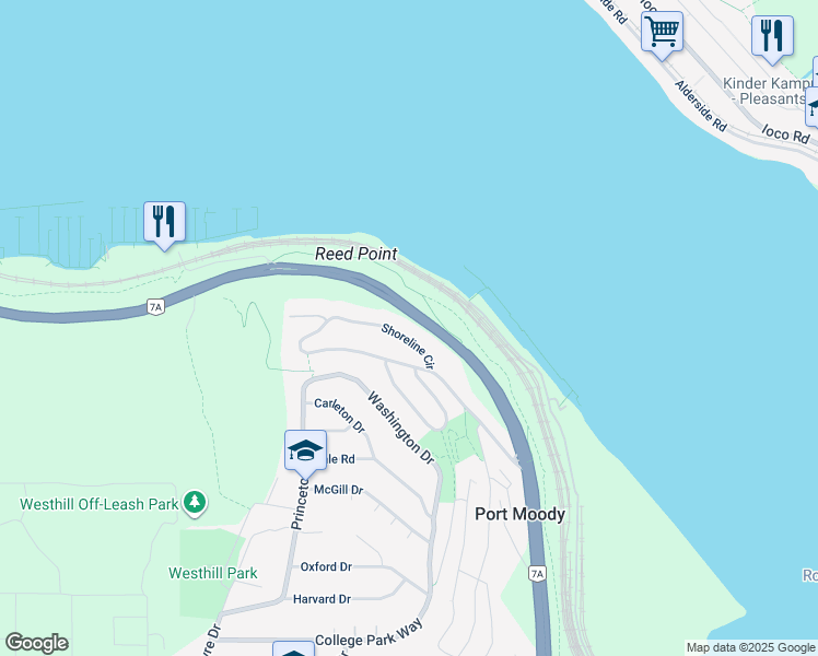 map of restaurants, bars, coffee shops, grocery stores, and more near 126 Shoreline Circle in Port Moody