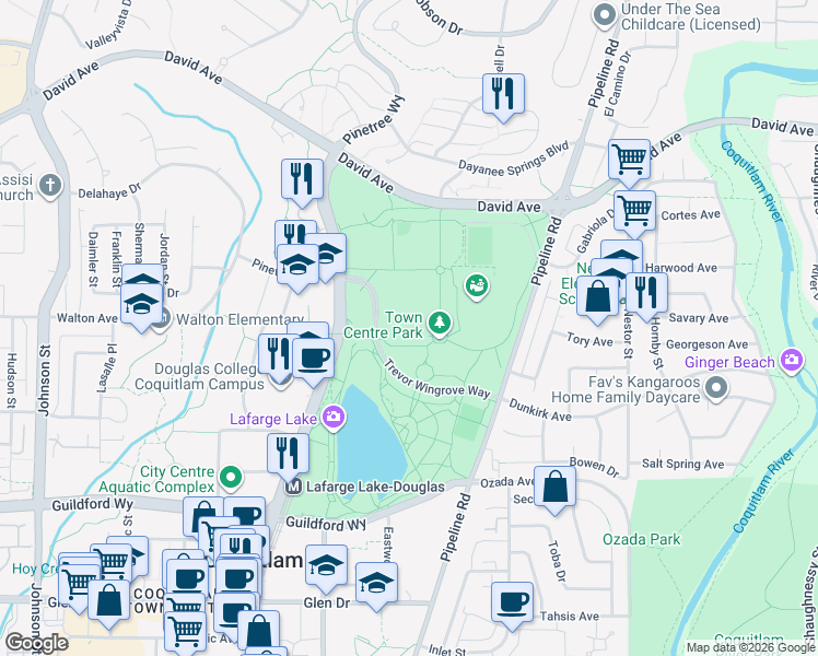 map of restaurants, bars, coffee shops, grocery stores, and more near 1299 Pinetree Way in Coquitlam