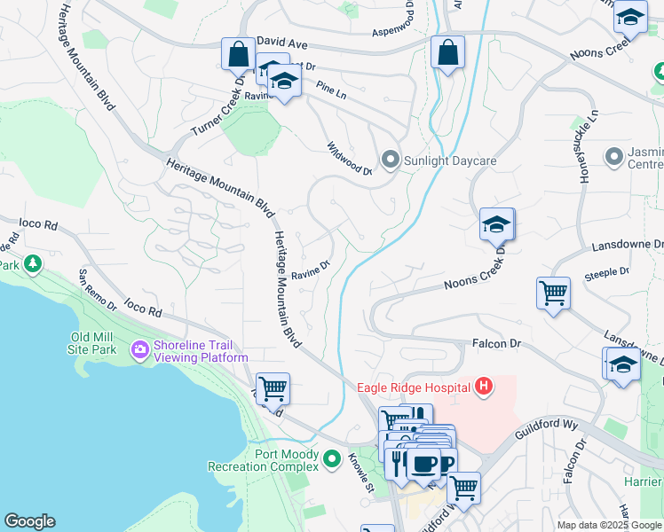 map of restaurants, bars, coffee shops, grocery stores, and more near 4 Ravine Drive in Port Moody