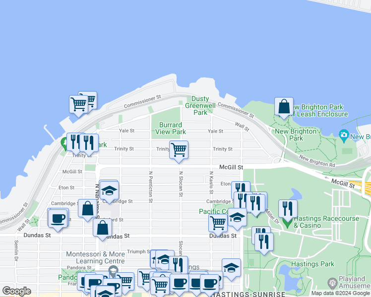 map of restaurants, bars, coffee shops, grocery stores, and more near 2711 Trinity Street in Vancouver