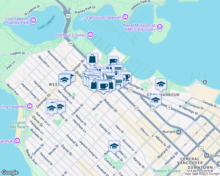 map of restaurants, bars, coffee shops, grocery stores, and more near 1500 West Georgia Street in Vancouver
