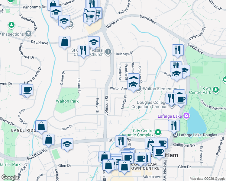 map of restaurants, bars, coffee shops, grocery stores, and more near 2916 Walton Avenue in Coquitlam