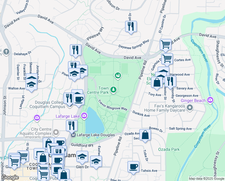 map of restaurants, bars, coffee shops, grocery stores, and more near 1299 Pinetree Way in Coquitlam