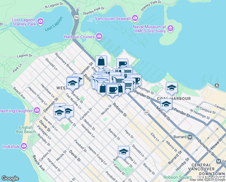 map of restaurants, bars, coffee shops, grocery stores, and more near 1550 Alberni Street in Vancouver