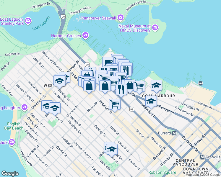 map of restaurants, bars, coffee shops, grocery stores, and more near 1500 West Georgia Street in Vancouver