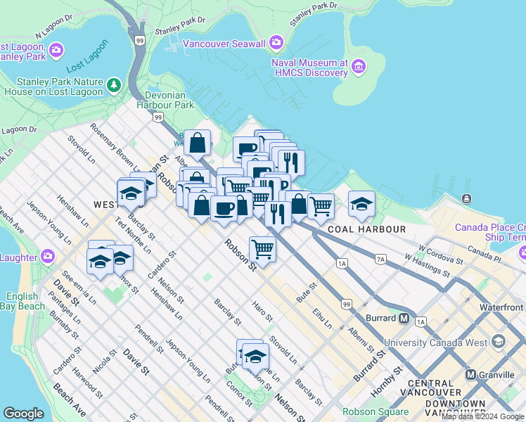 map of restaurants, bars, coffee shops, grocery stores, and more near 1480 West Pender Street in Vancouver