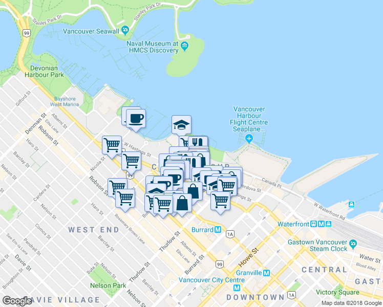 map of restaurants, bars, coffee shops, grocery stores, and more near in Vancouver