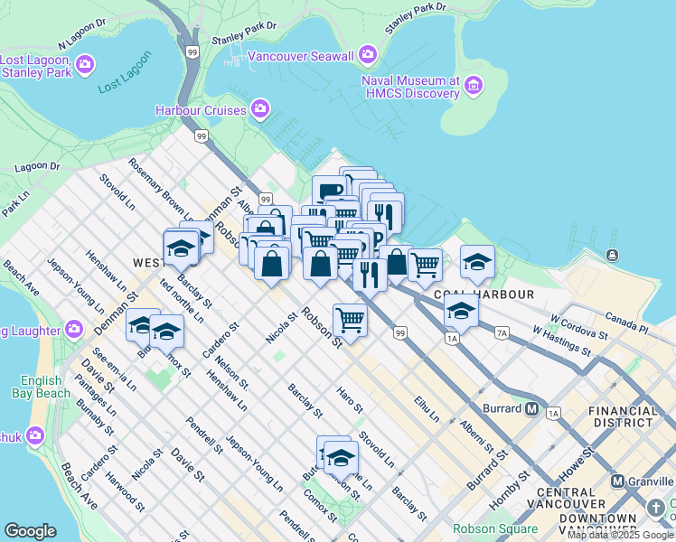map of restaurants, bars, coffee shops, grocery stores, and more near in Vancouver