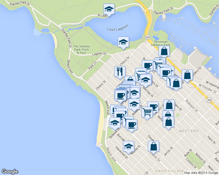 map of restaurants, bars, coffee shops, grocery stores, and more near in Vancouver