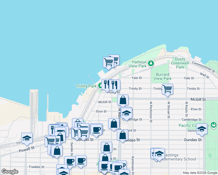 map of restaurants, bars, coffee shops, grocery stores, and more near 2336 Wall Street in Vancouver