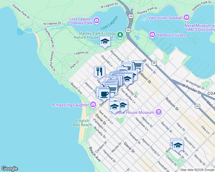 map of restaurants, bars, coffee shops, grocery stores, and more near 1846 Nelson Street in Vancouver