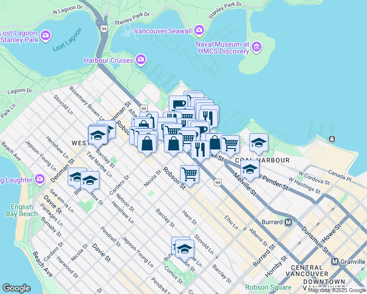 map of restaurants, bars, coffee shops, grocery stores, and more near 701 Nicola Street in Vancouver