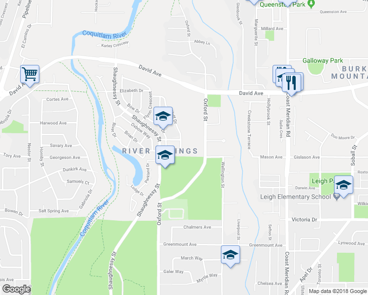 map of restaurants, bars, coffee shops, grocery stores, and more near 1230 Bluff Drive in Coquitlam
