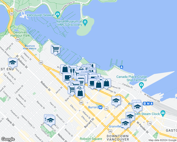 map of restaurants, bars, coffee shops, grocery stores, and more near 1233 West Cordova Street in Vancouver