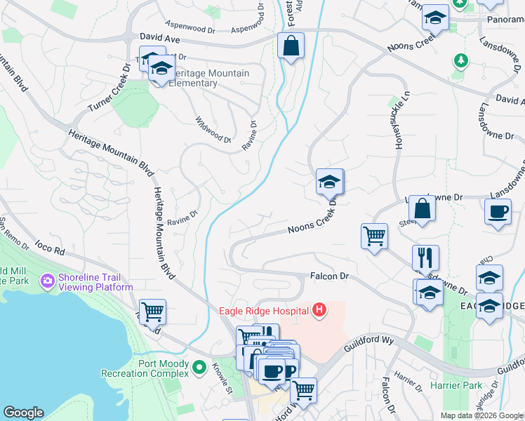 map of restaurants, bars, coffee shops, grocery stores, and more near 957 Blackstock Road in Port Moody