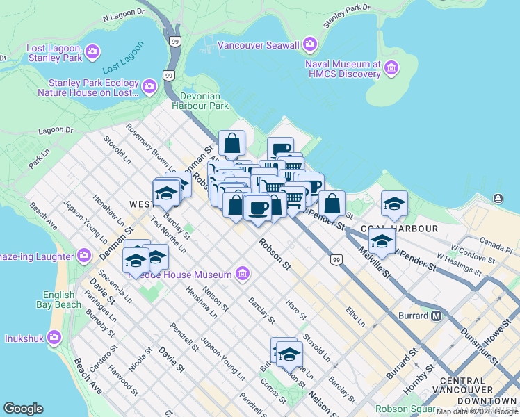 map of restaurants, bars, coffee shops, grocery stores, and more near 1568 Alberni Street in Vancouver