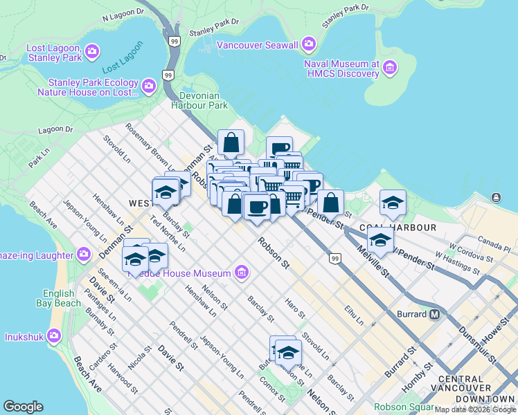 map of restaurants, bars, coffee shops, grocery stores, and more near 1568 Alberni Street in Vancouver