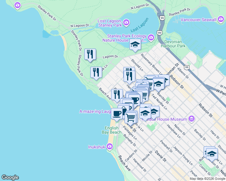 map of restaurants, bars, coffee shops, grocery stores, and more near 1975 Pendrell Street in Vancouver