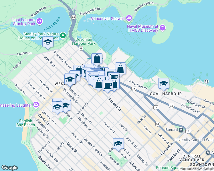 map of restaurants, bars, coffee shops, grocery stores, and more near 1568 Alberni Street in Vancouver