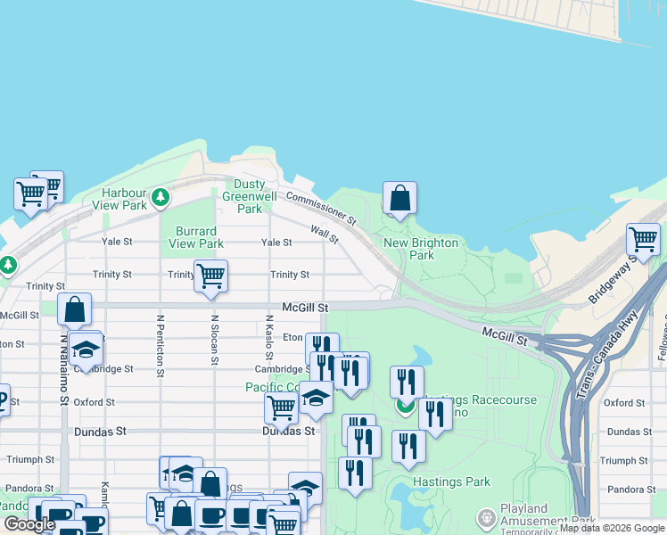 map of restaurants, bars, coffee shops, grocery stores, and more near 2913 Trinity Street in Vancouver