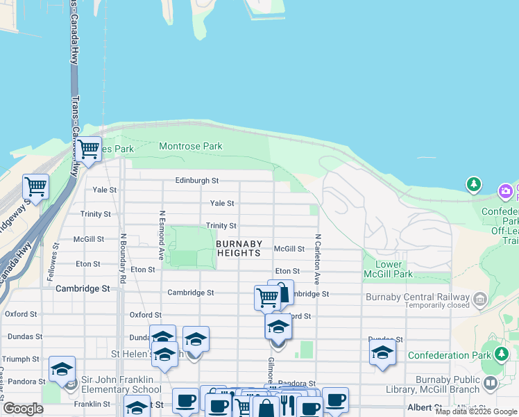 map of restaurants, bars, coffee shops, grocery stores, and more near 4066 Yale Street in Burnaby