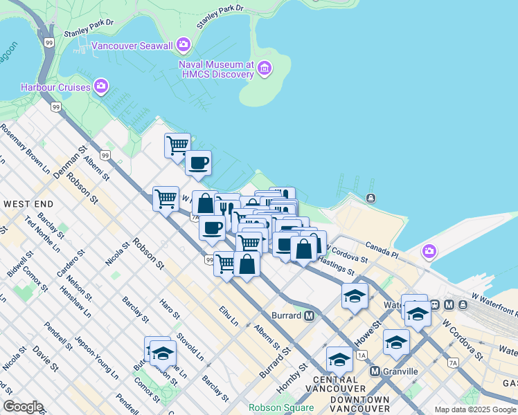 map of restaurants, bars, coffee shops, grocery stores, and more near 1277 West Cordova Street in Vancouver