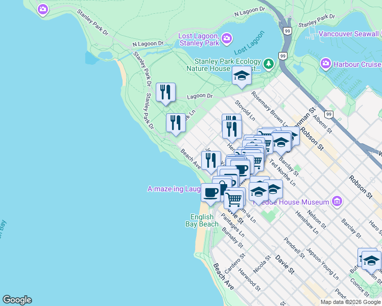 map of restaurants, bars, coffee shops, grocery stores, and more near 2015 Beach Avenue in Vancouver