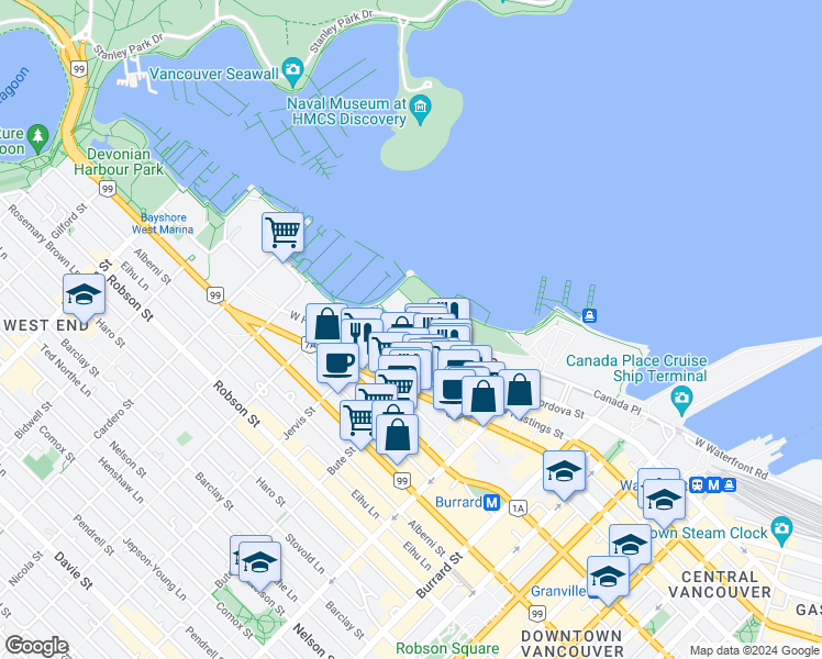 map of restaurants, bars, coffee shops, grocery stores, and more near 1281 West Cordova Street in Vancouver