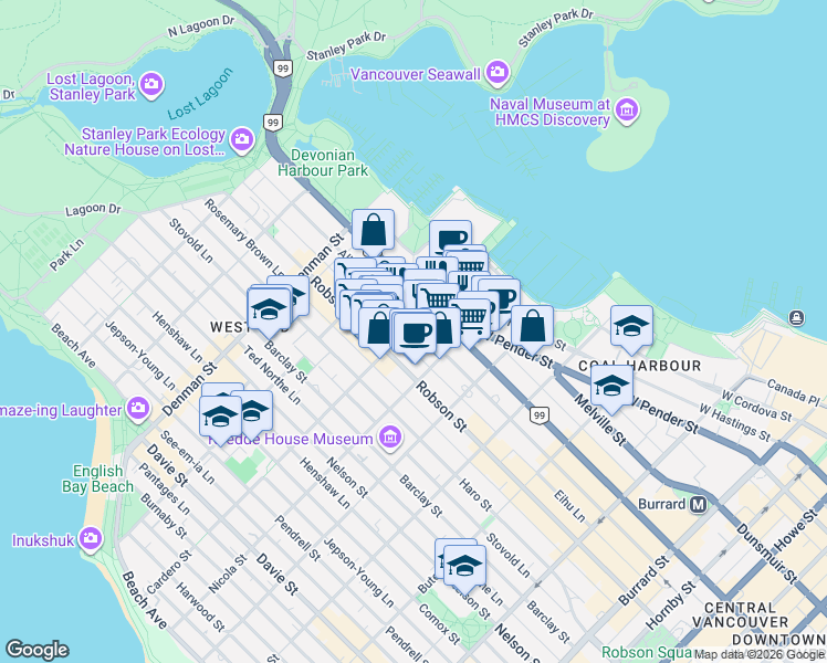 map of restaurants, bars, coffee shops, grocery stores, and more near 1568 Alberni Street in Vancouver