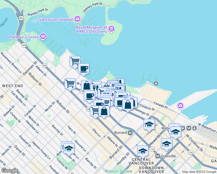map of restaurants, bars, coffee shops, grocery stores, and more near 1281 West Cordova Street in Vancouver