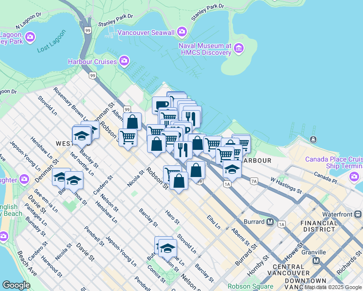 map of restaurants, bars, coffee shops, grocery stores, and more near 510 Nicola Street in Vancouver