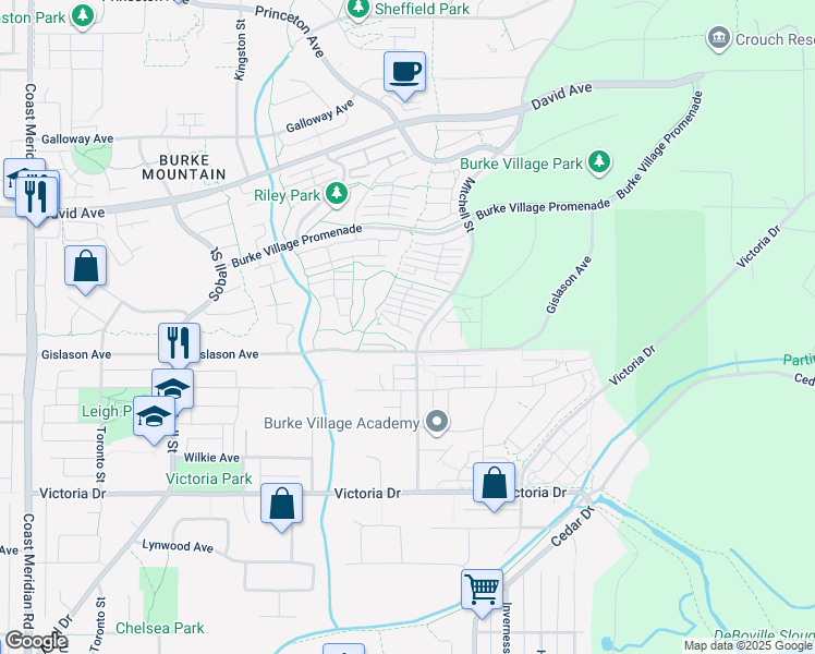 map of restaurants, bars, coffee shops, grocery stores, and more near 1290 Mitchell Street in Coquitlam