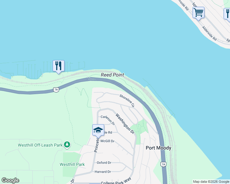 map of restaurants, bars, coffee shops, grocery stores, and more near 96 Shoreline Circle in Port Moody