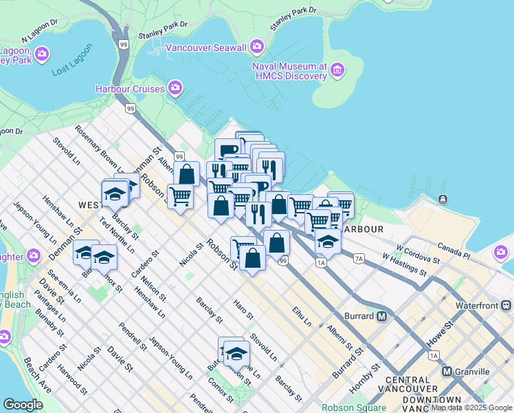 map of restaurants, bars, coffee shops, grocery stores, and more near 510 Nicola Street in Vancouver