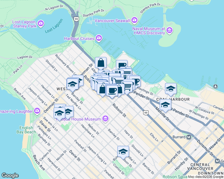 map of restaurants, bars, coffee shops, grocery stores, and more near in Vancouver