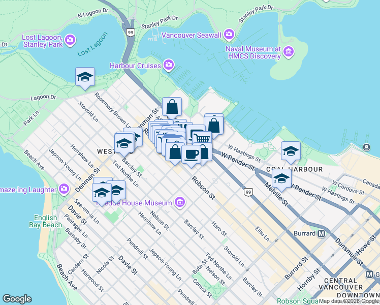 map of restaurants, bars, coffee shops, grocery stores, and more near 1610 Robson Street in Vancouver