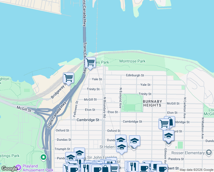 map of restaurants, bars, coffee shops, grocery stores, and more near 520 North Boundary Road in Burnaby