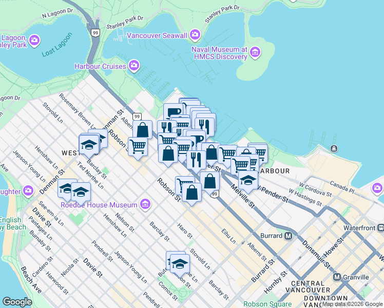 map of restaurants, bars, coffee shops, grocery stores, and more near 1477 West Pender Street in Vancouver