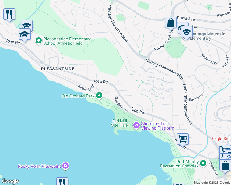 map of restaurants, bars, coffee shops, grocery stores, and more near in Port Moody