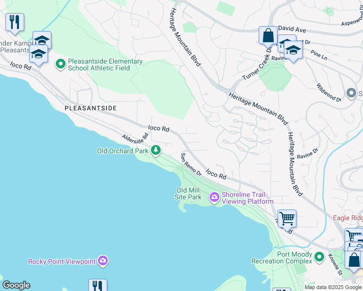 map of restaurants, bars, coffee shops, grocery stores, and more near 580 Ioco Road in Port Moody